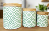 3 Piece Ceramic Canister Set - Green Ikat