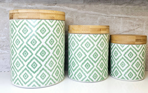 3 Piece Ceramic Canister Set - Green Ikat