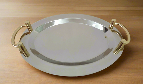 16" Stainless Steel Round Serving Tray with Gold Handles