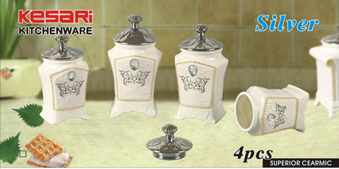 4pc Ceramic Canister Set Silver