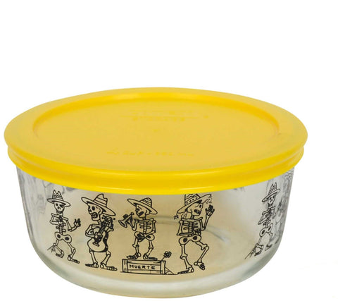 4 Cup Decorated Pyrex Halloween Mariachi Skeleton W/ Yellow Lid