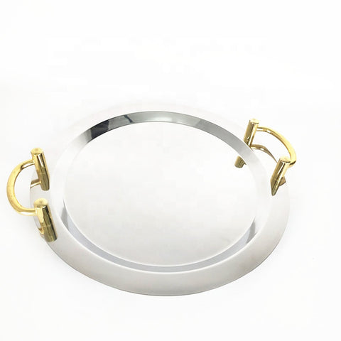 16" Stainless Steel Round Serving Tray with Gold Handles